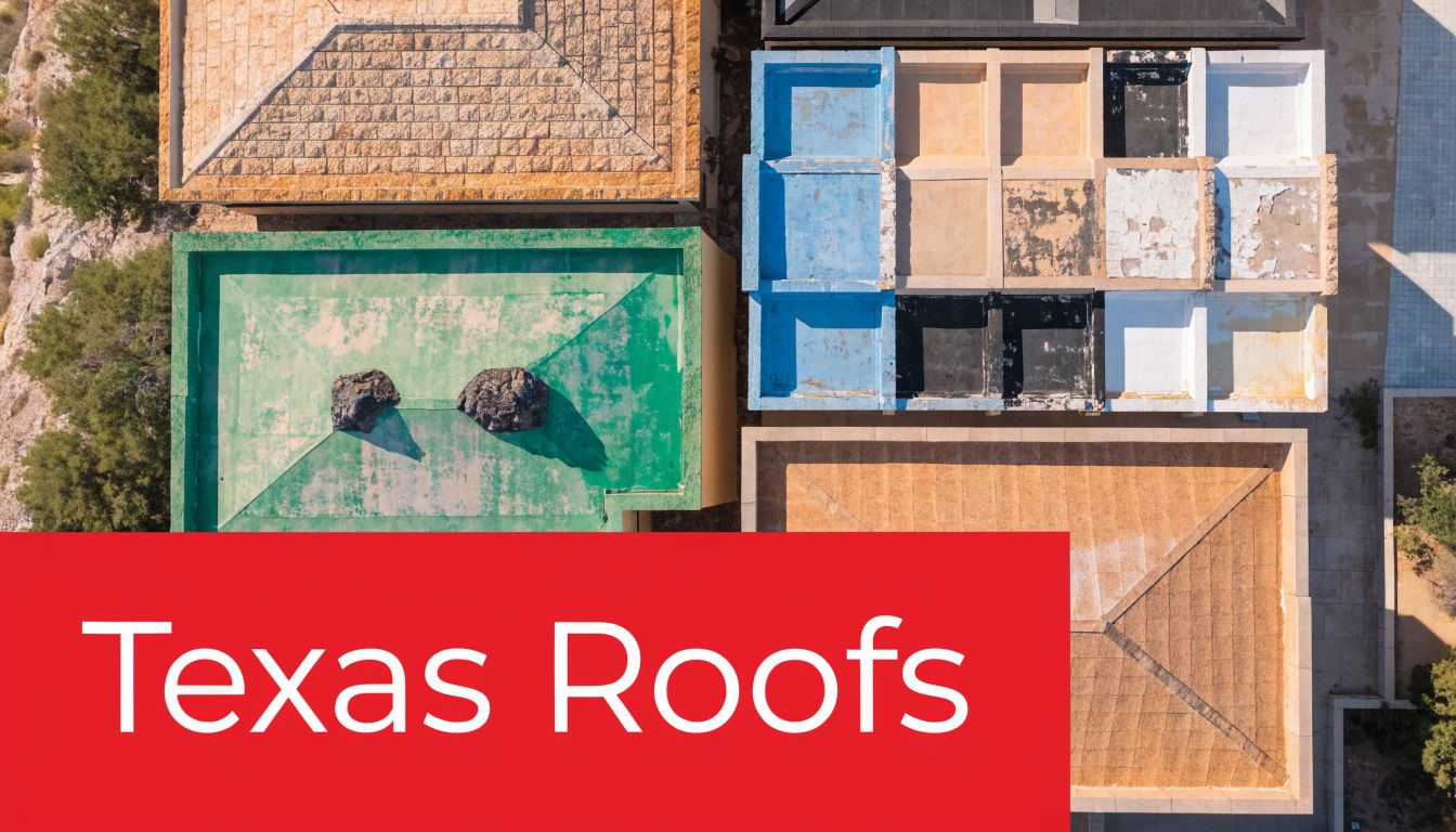 A high-angle drone view shows colorful flat and textured roofs from above in a modern setting.