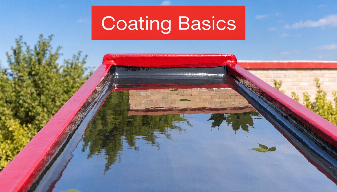 A flat roof surface with standing water showing a clear reflection of the surrounding environment and sky.