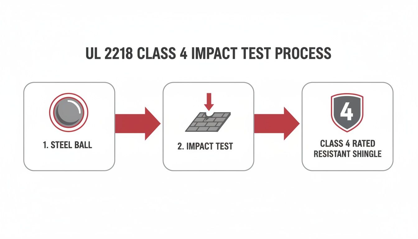 Diagram illustrating the UL 2218 Class 4 impact test process for shingles, using a steel ball.