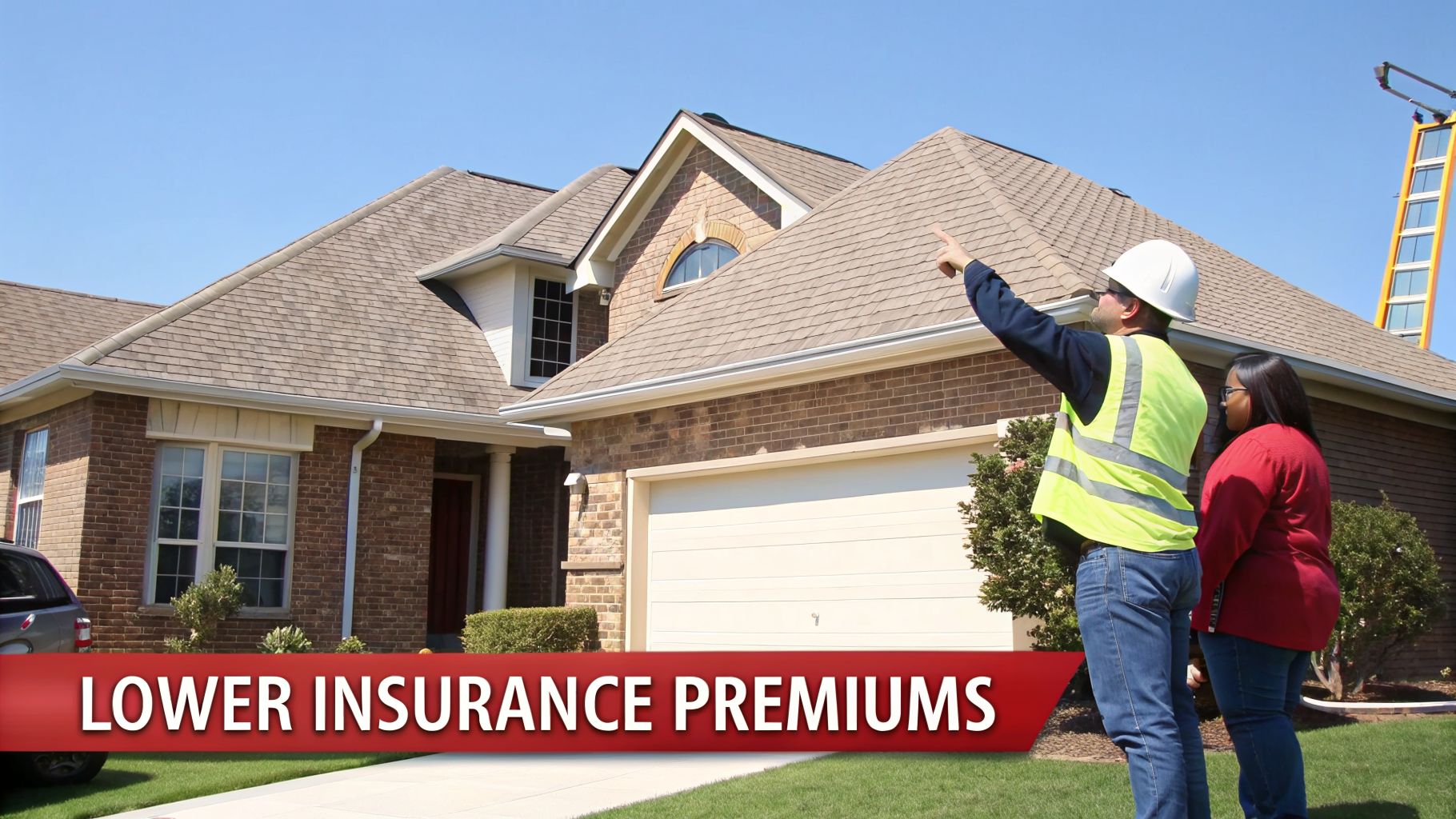 Two people inspecting a residential roof with brown shingles, suggesting a home insurance assessment.