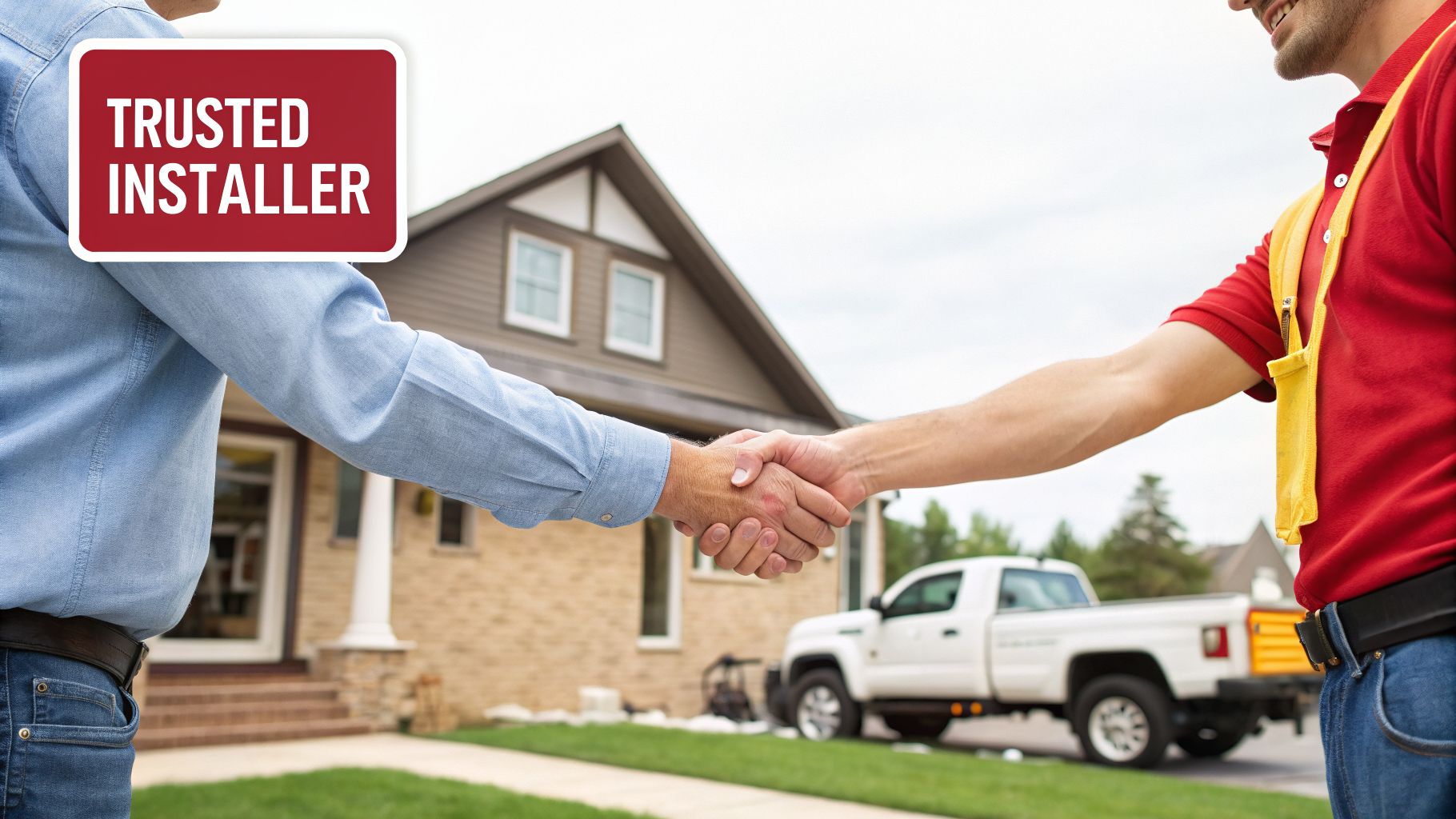 Trusted installer shaking hands with a homeowner in front of a house, symbolizing a service agreement.