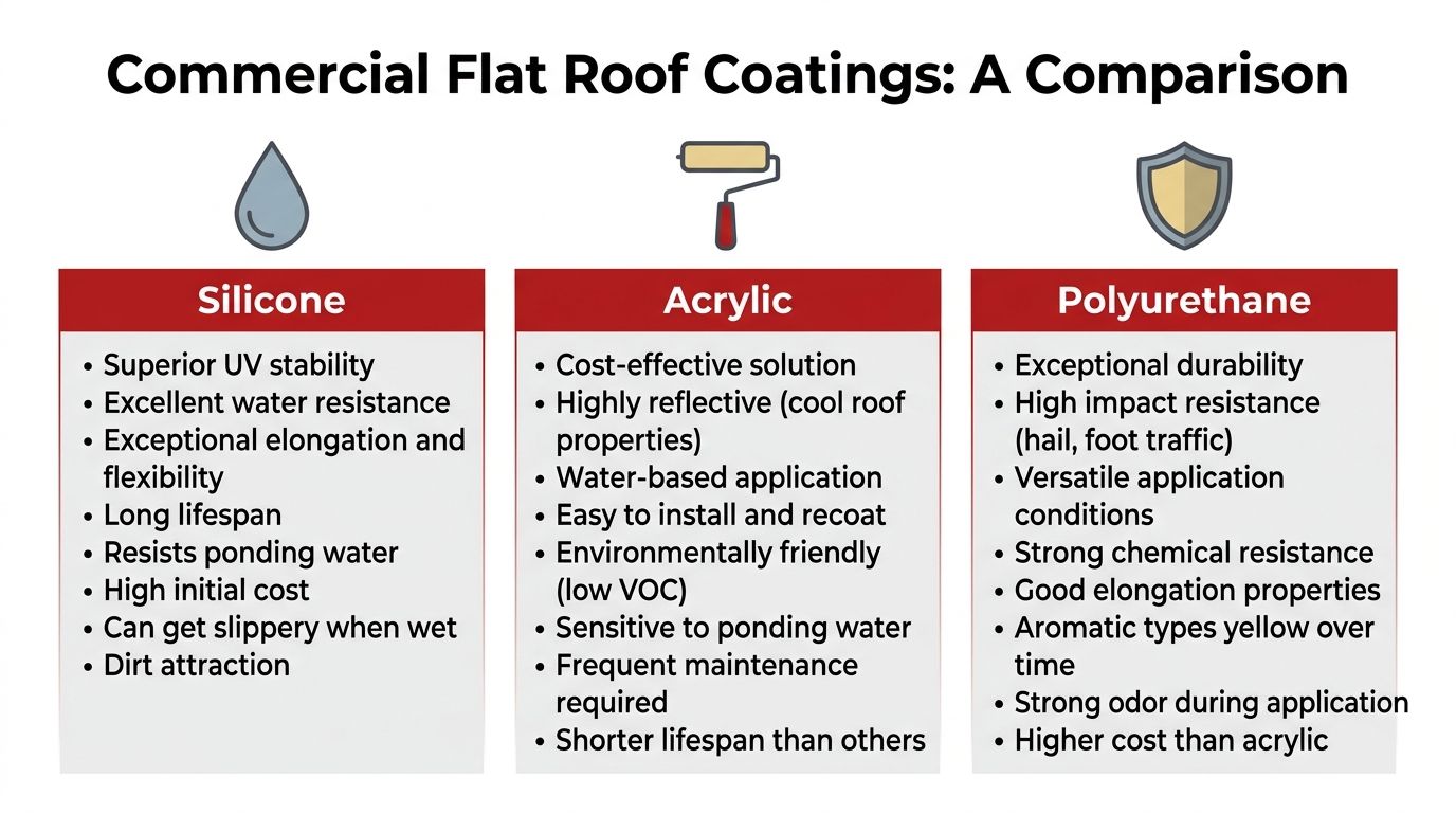 A comparison chart outlining the pros and cons of silicone, acrylic, and polyurethane commercial flat roof coatings.