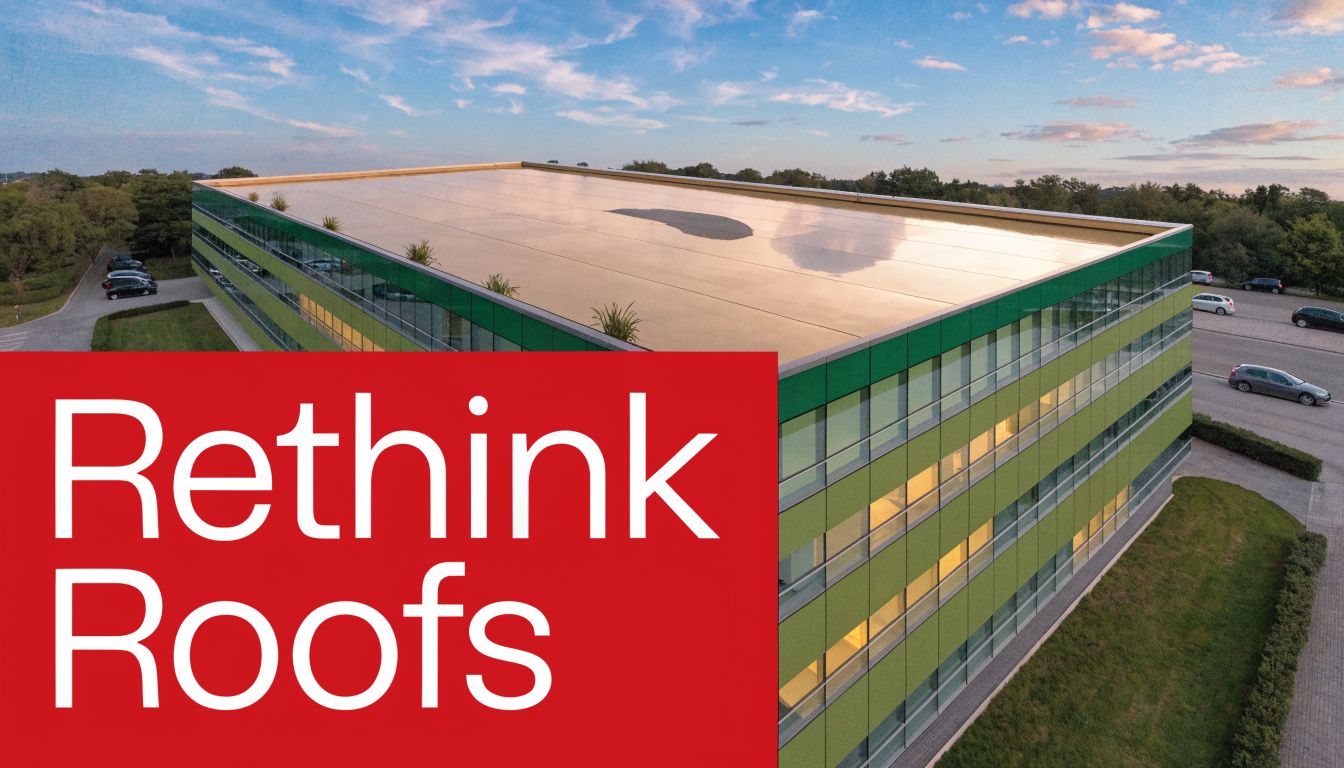 A modern office building with a smooth reflective flat roof surrounded by greenery and parking spaces.