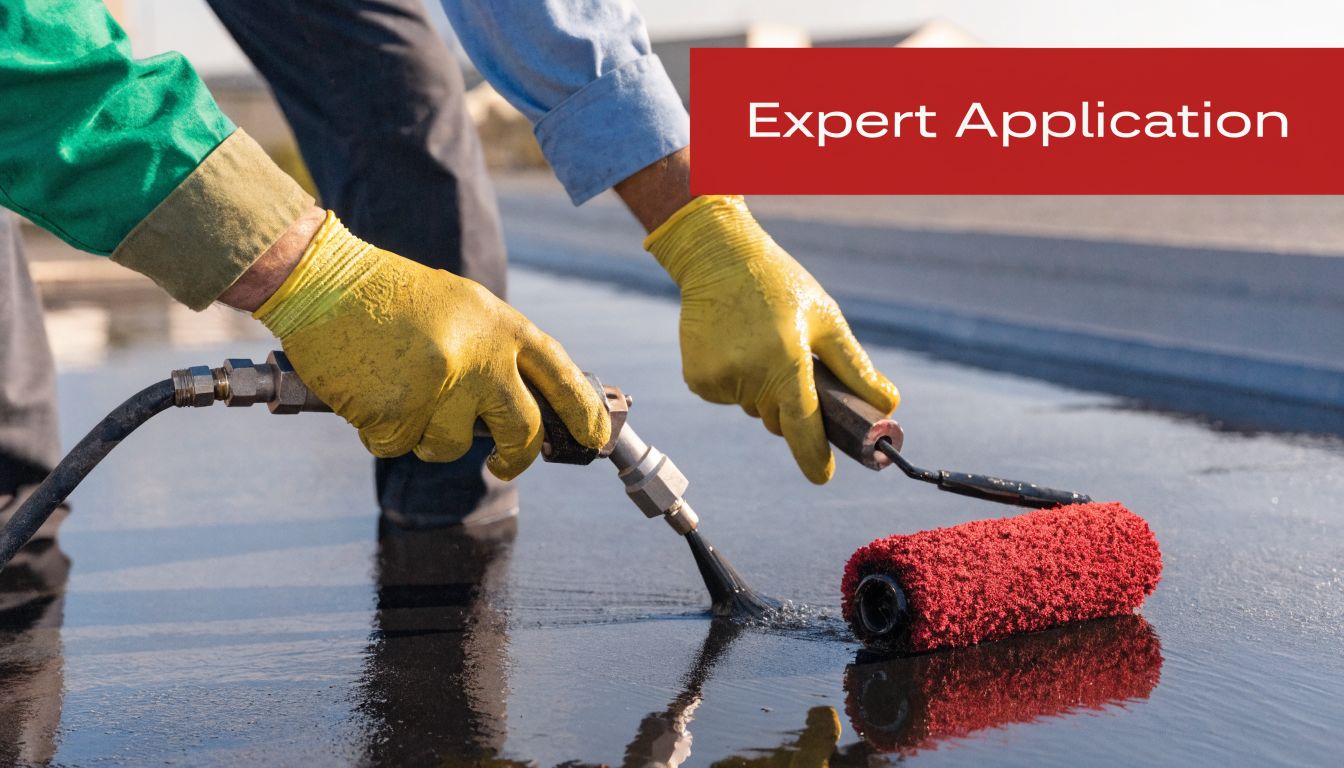 A professional construction worker applying commercial flat roof coatings with a spray nozzle and paint roller.