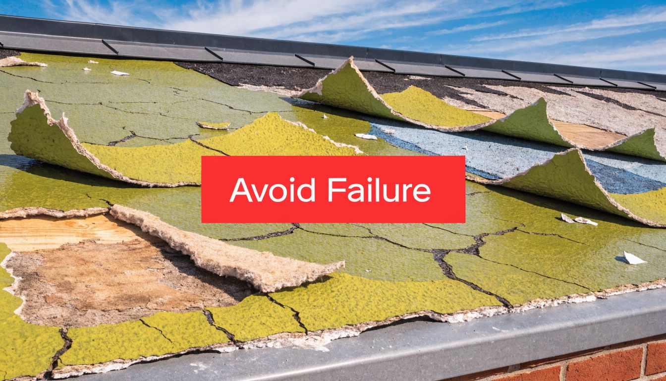 A damaged commercial flat roof showing cracked and peeling yellow coating material on the building surface.