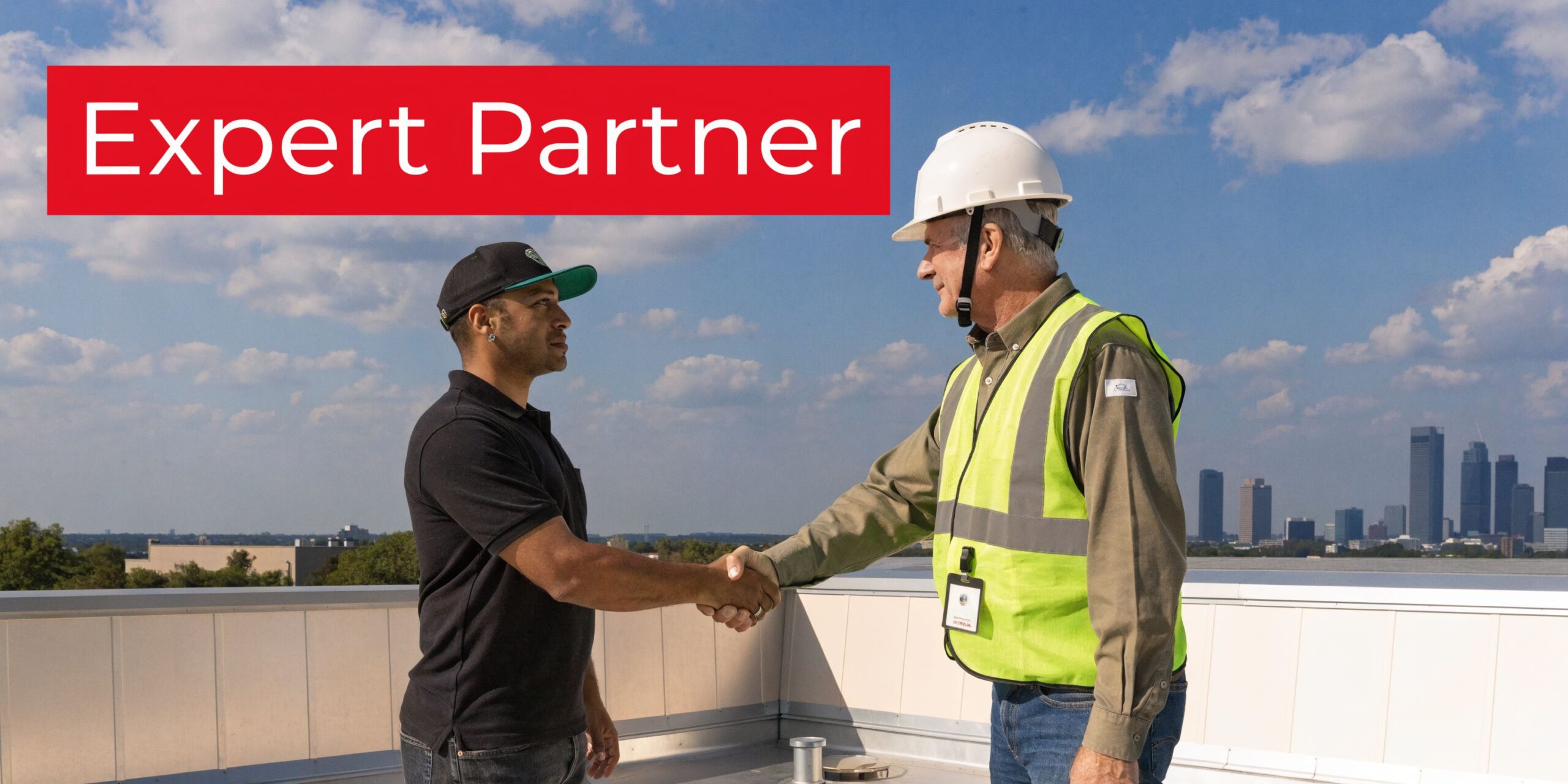 A construction supervisor and a contractor shaking hands on a rooftop with a city skyline view.