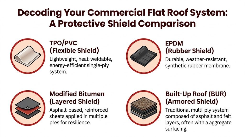 A comparison chart of four common commercial flat roof types including TPO/PVC, EPDM, Modified Bitumen, and BUR.