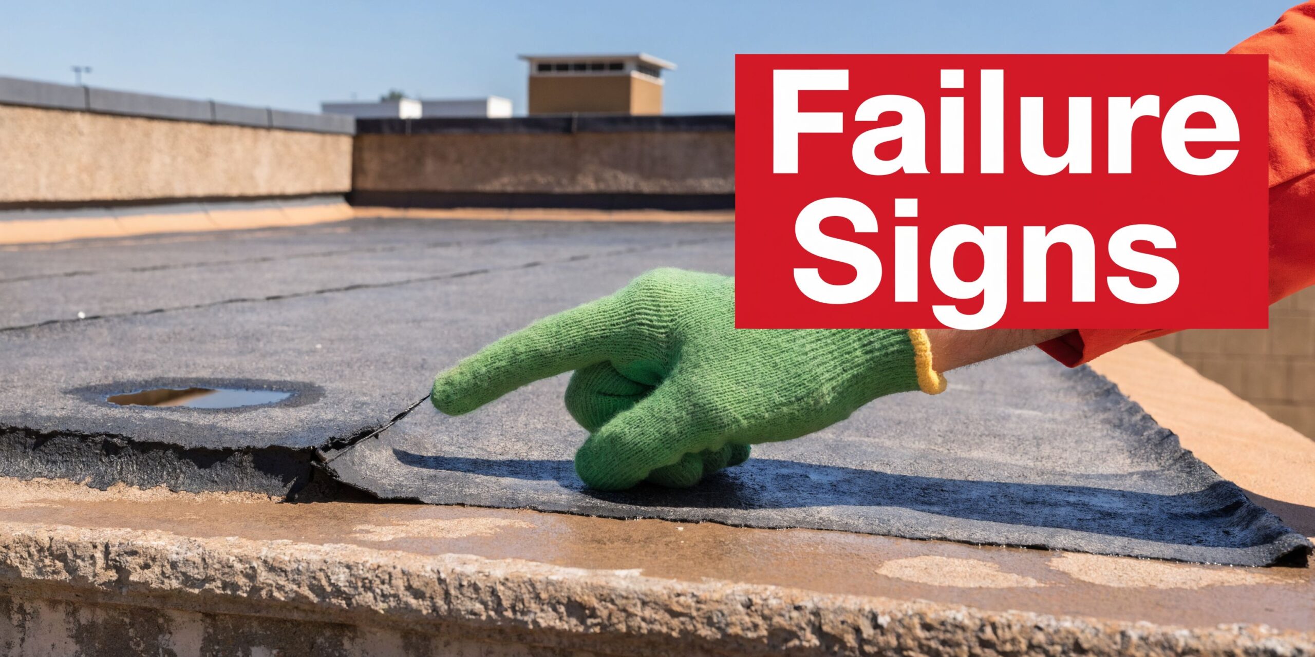 A person in a green glove pointing at damaged, peeling black roofing material on a flat roof.