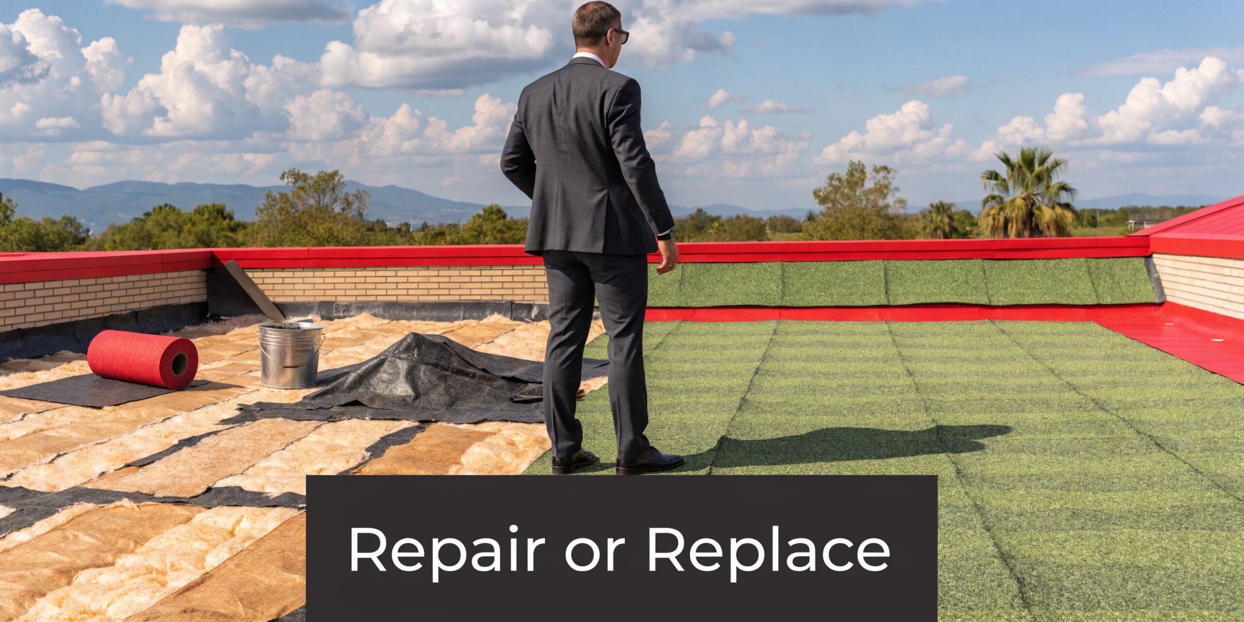 A businessman in a suit standing on a commercial roof evaluating construction materials and installation work.
