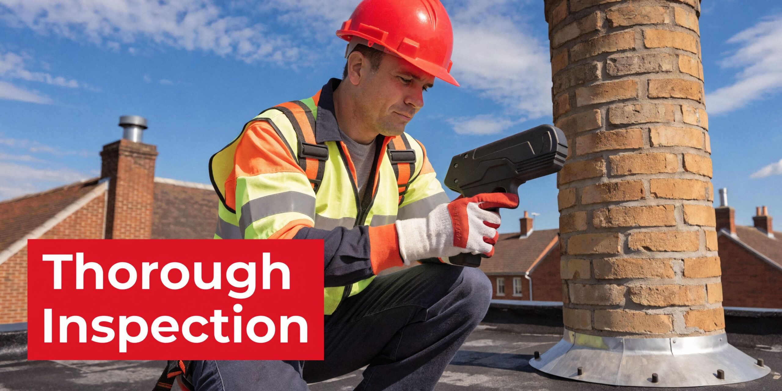 A professional roofing contractor wearing safety gear inspecting a brick chimney on a commercial flat roof.