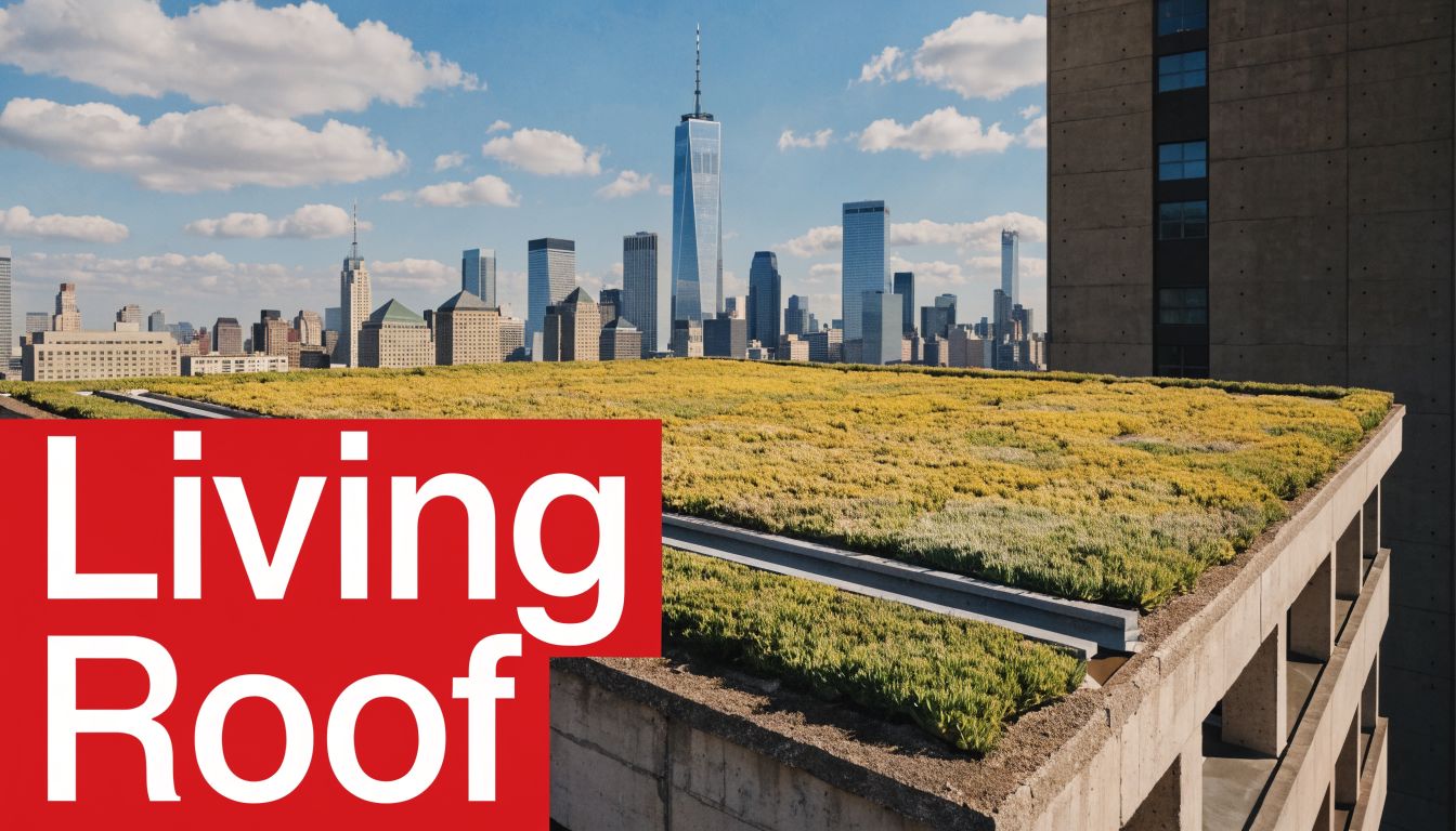 A wide angle view of a lush green living roof on a modern building in New York.