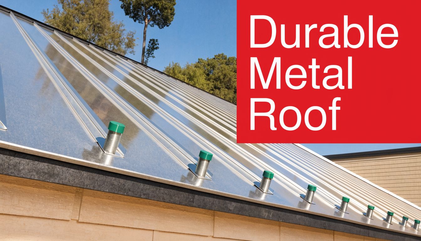 A modern building featuring a durable metal roof with snow guards against a clear blue sky background.