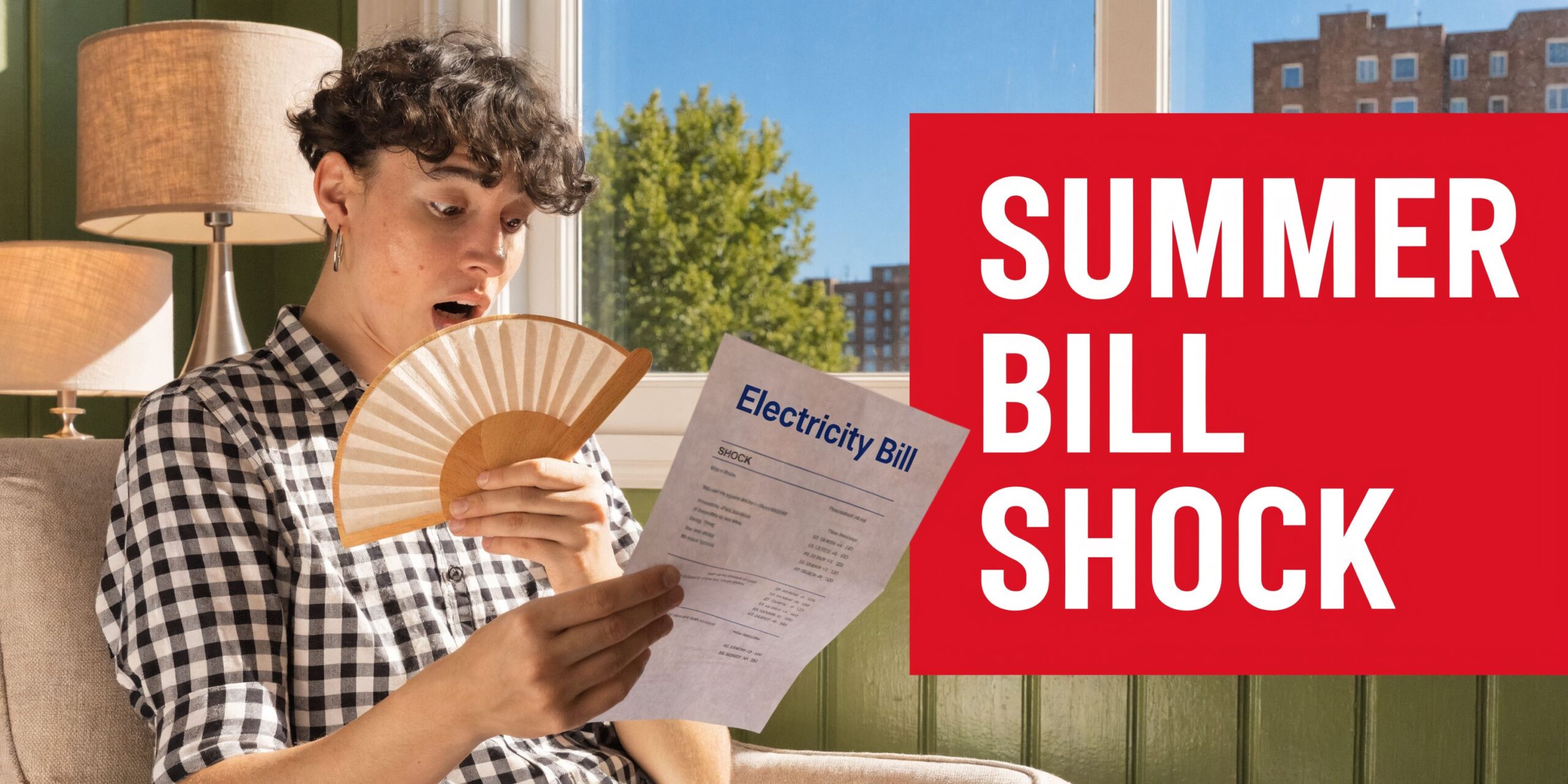 A shocked person looking at a high electricity bill while using a handheld fan indoors.