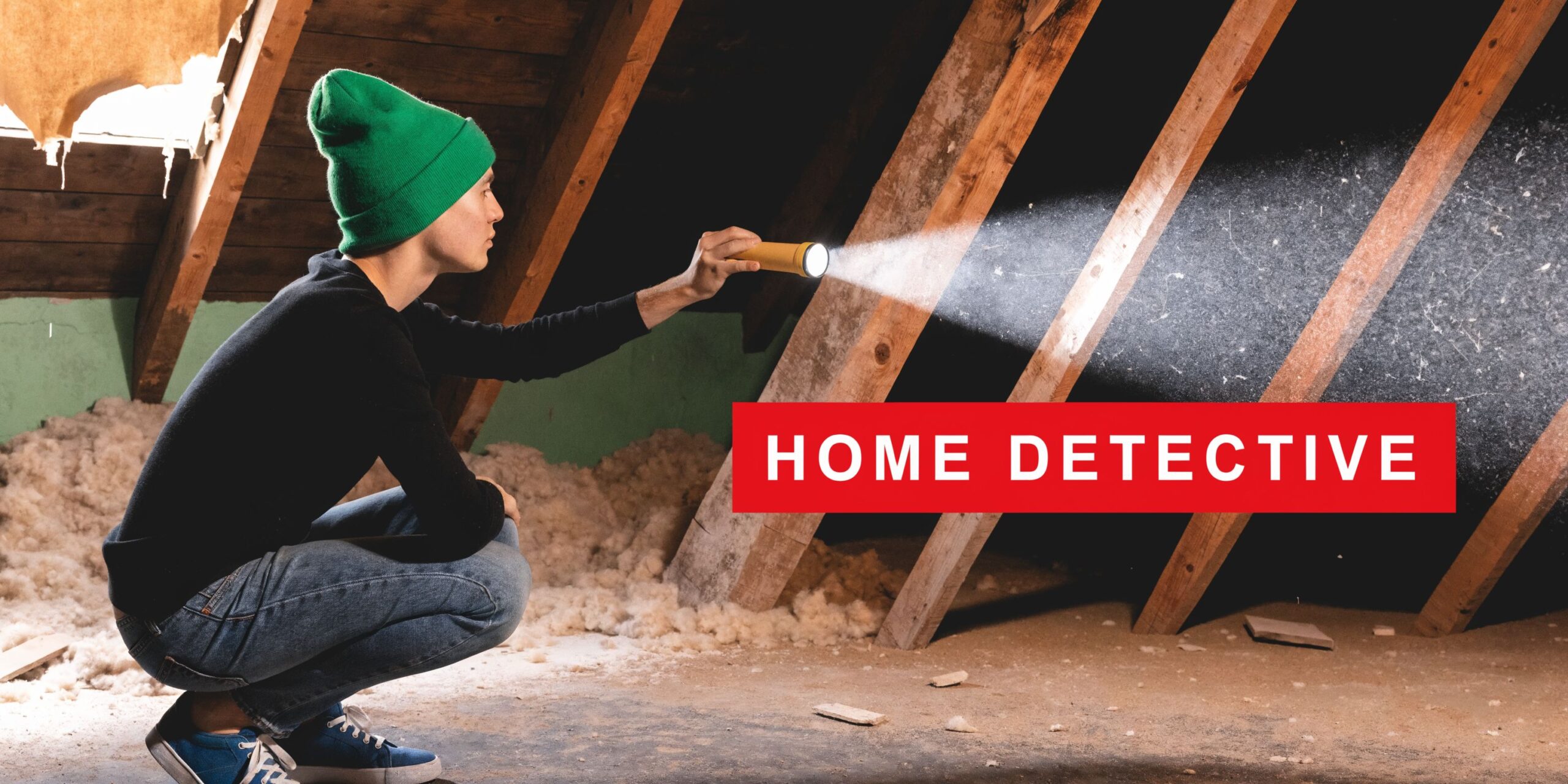 A home inspector wearing a green beanie examines insulation in a dark attic with a flashlight.