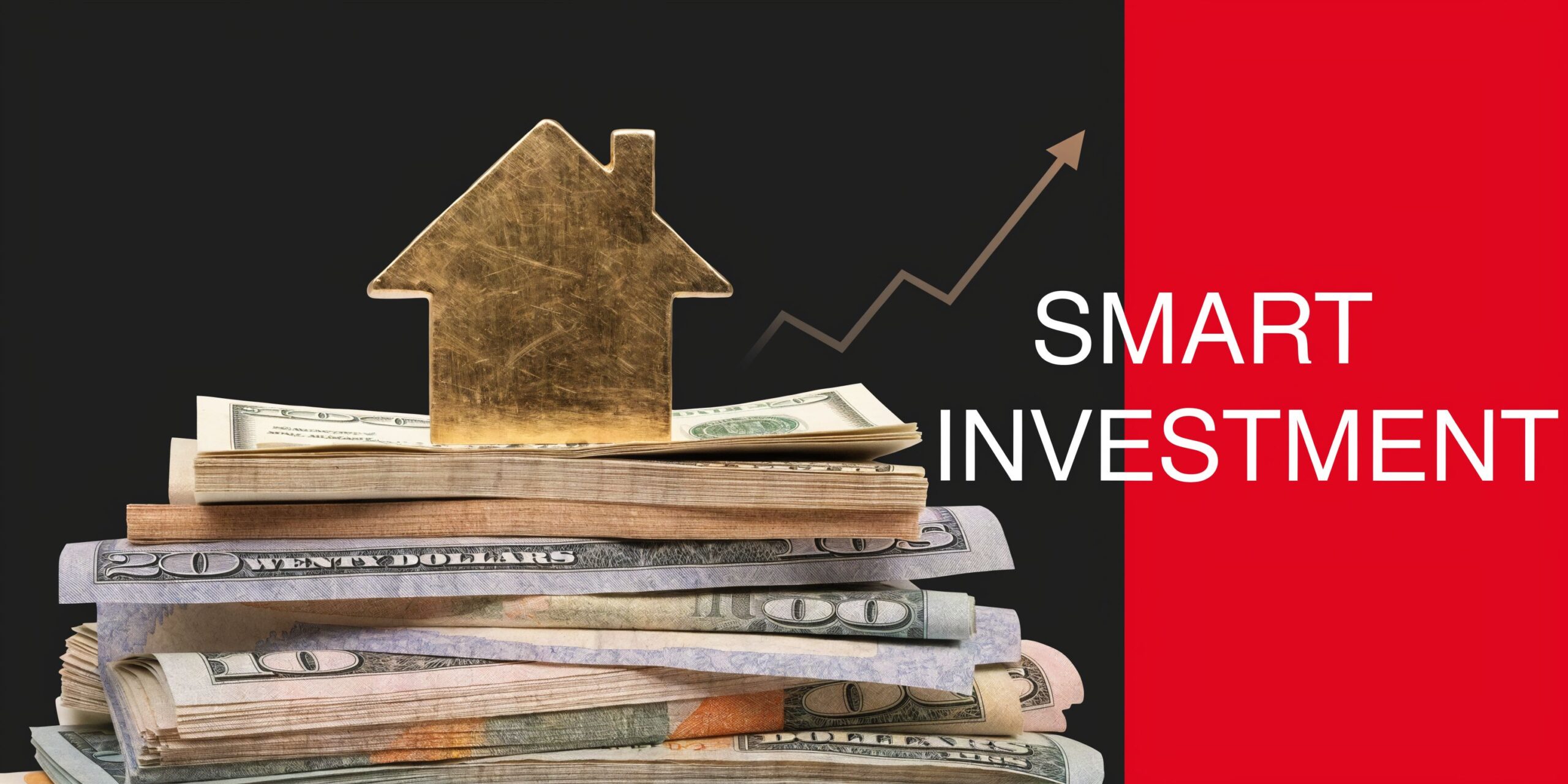 A gold-colored house icon resting on a stack of US dollar bills with an upward trending arrow.