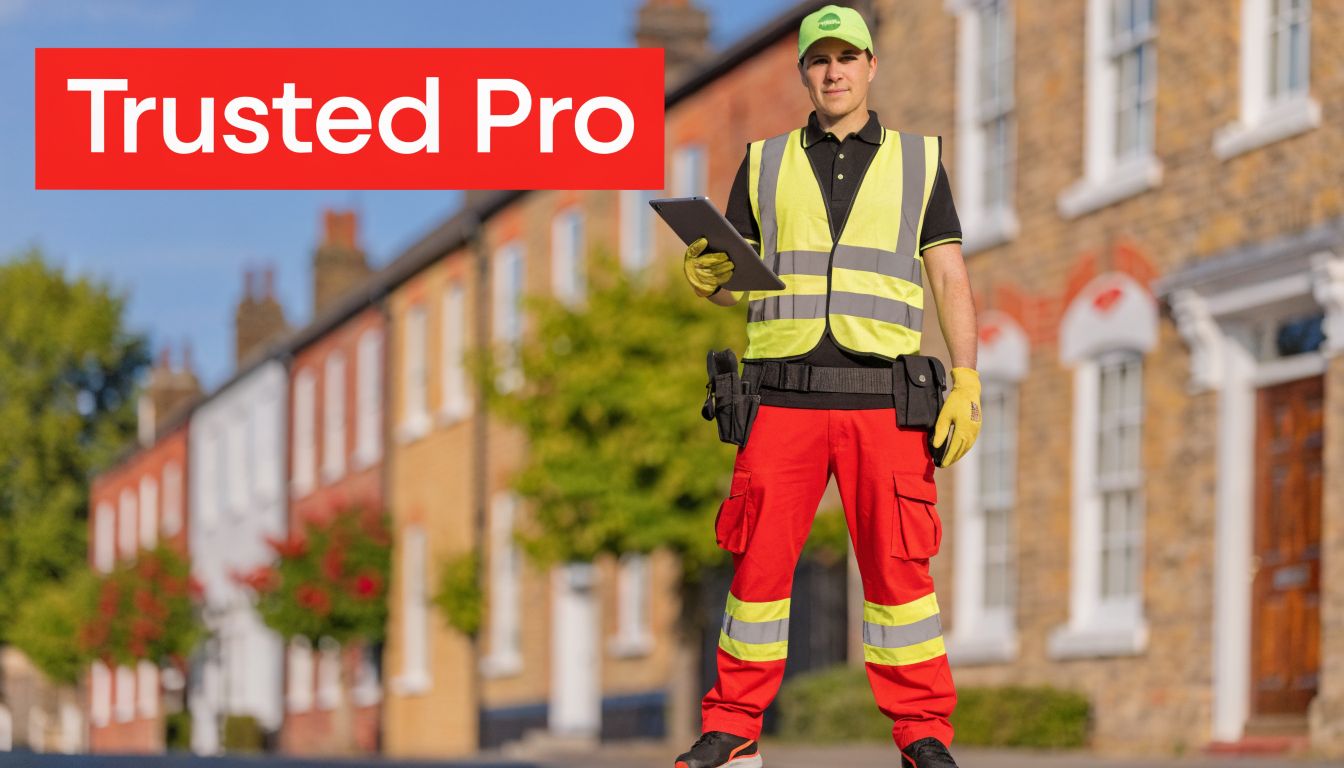 A professional construction worker wearing a high-visibility vest and red pants stands outdoors holding a digital tablet.