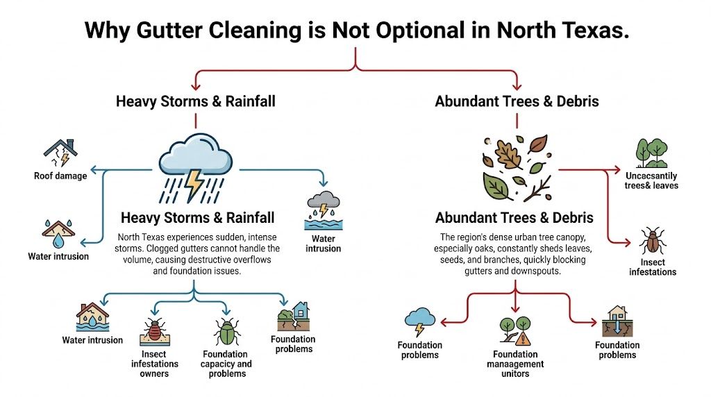 An infographic illustrating the critical importance of regular gutter cleaning for homeowners in North Texas.