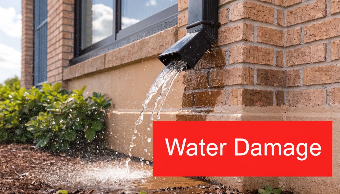 A black gutter downspout discharging water directly onto the foundation of a brick residential home.
