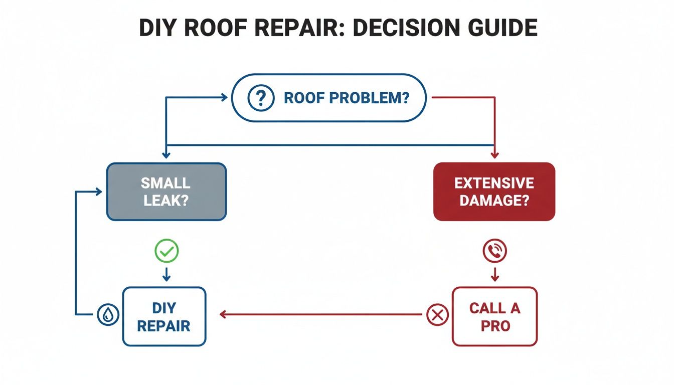 Flowchart for DIY roof repair decisions: assess if small leak for DIY or extensive damage for professional help.