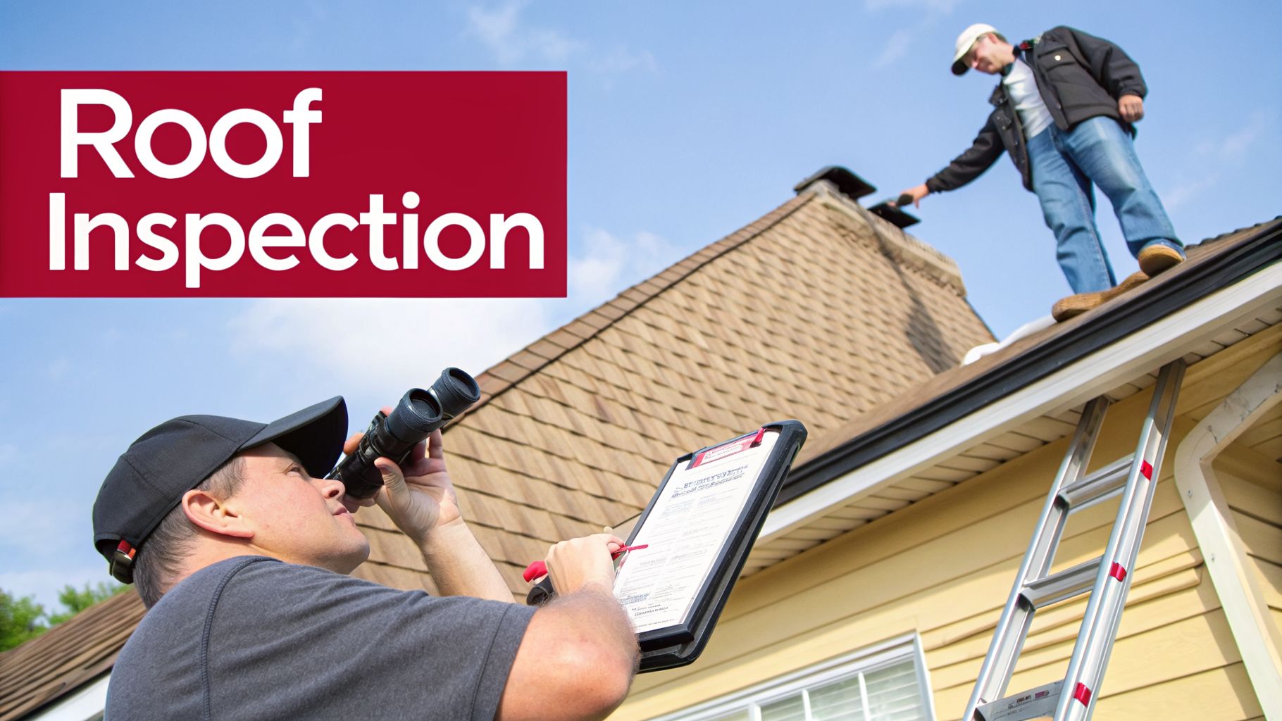Two men inspecting a house roof: one on top, another observing with binoculars and clipboard.