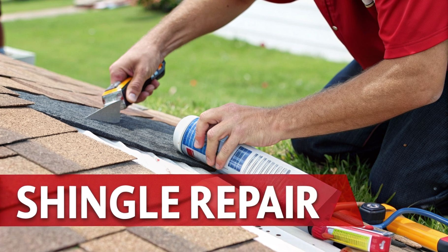 A person repairing a roof, cutting shingles with a tool and applying sealant, with 'SHINGLE REPAIR' text.