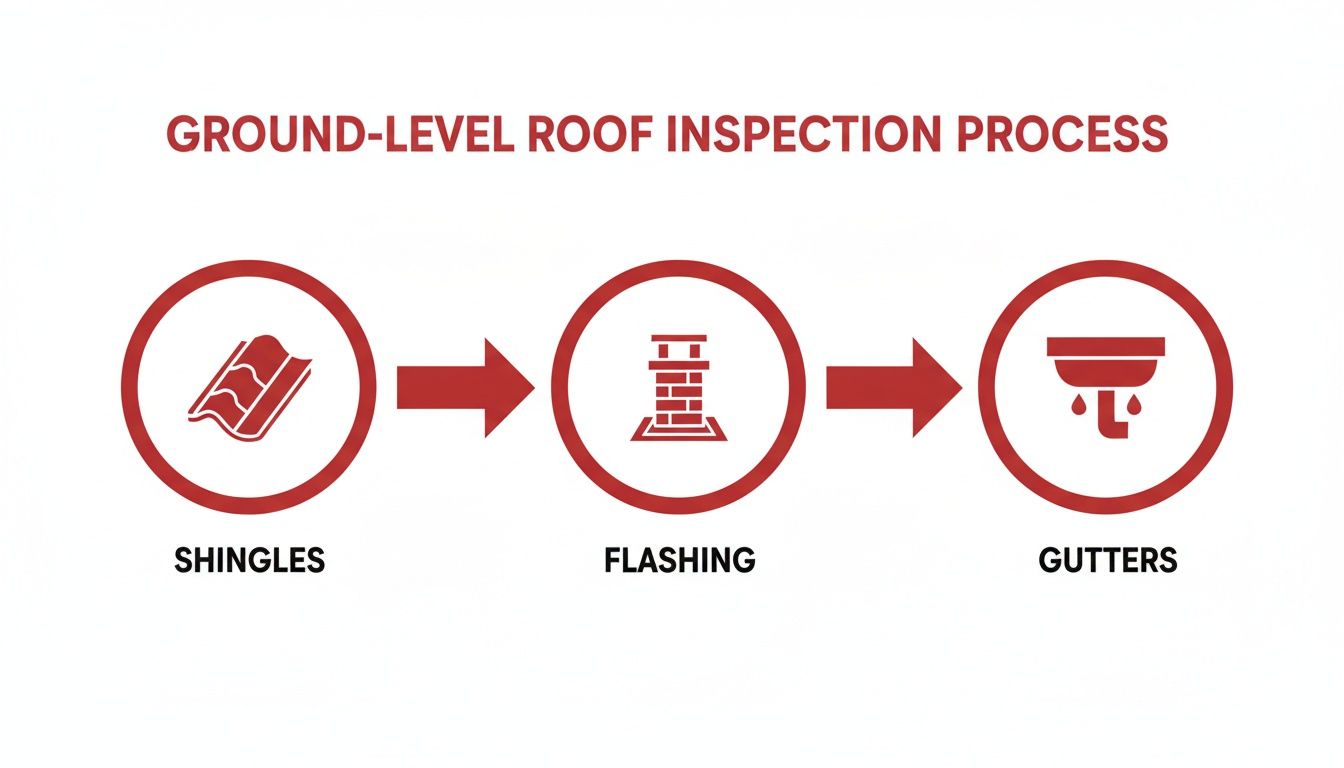 Diagram illustrating the ground-level roof inspection process, focusing on shingles, flashing, and gutters.
