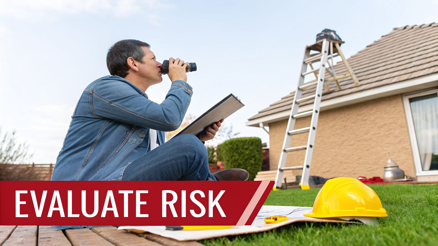 A man evaluates a house roof with binoculars, holding a clipboard, near a ladder, hard hat, and blueprints.