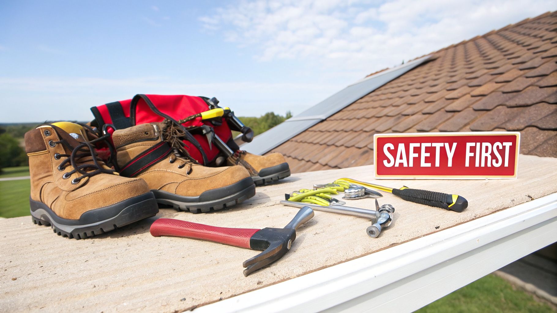 Work boots, tools, and a 'SAFETY FIRST' sign on a roof under a blue sky.