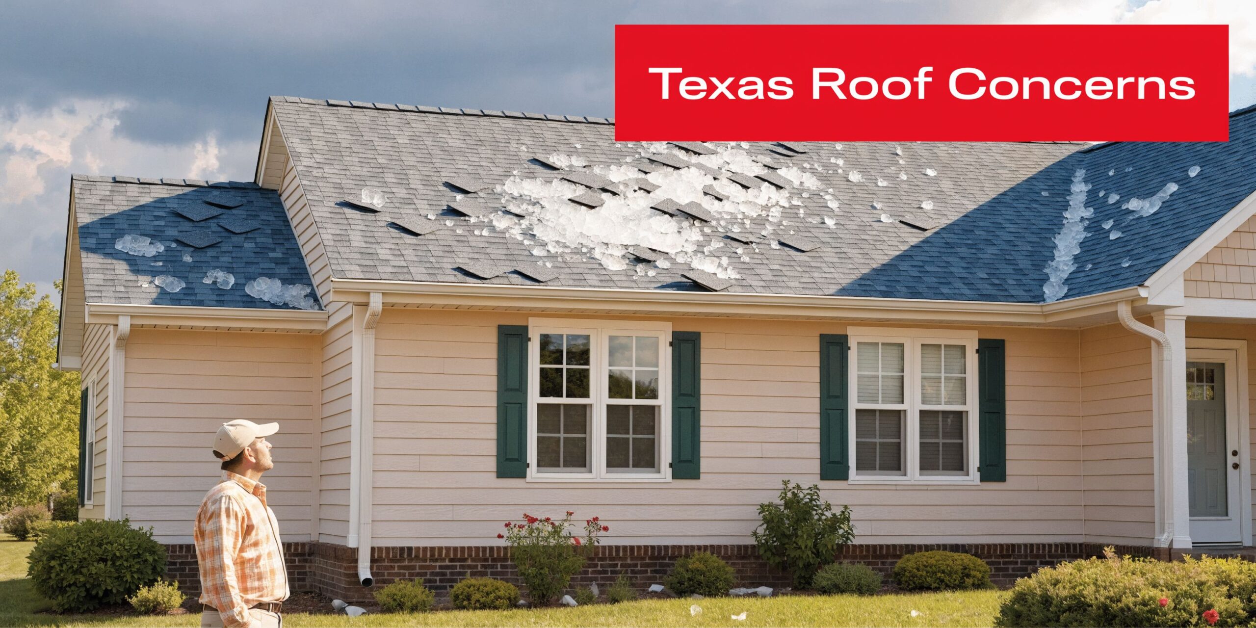 A man wearing a hat looks up at his home with damaged roof shingles and ice debris.