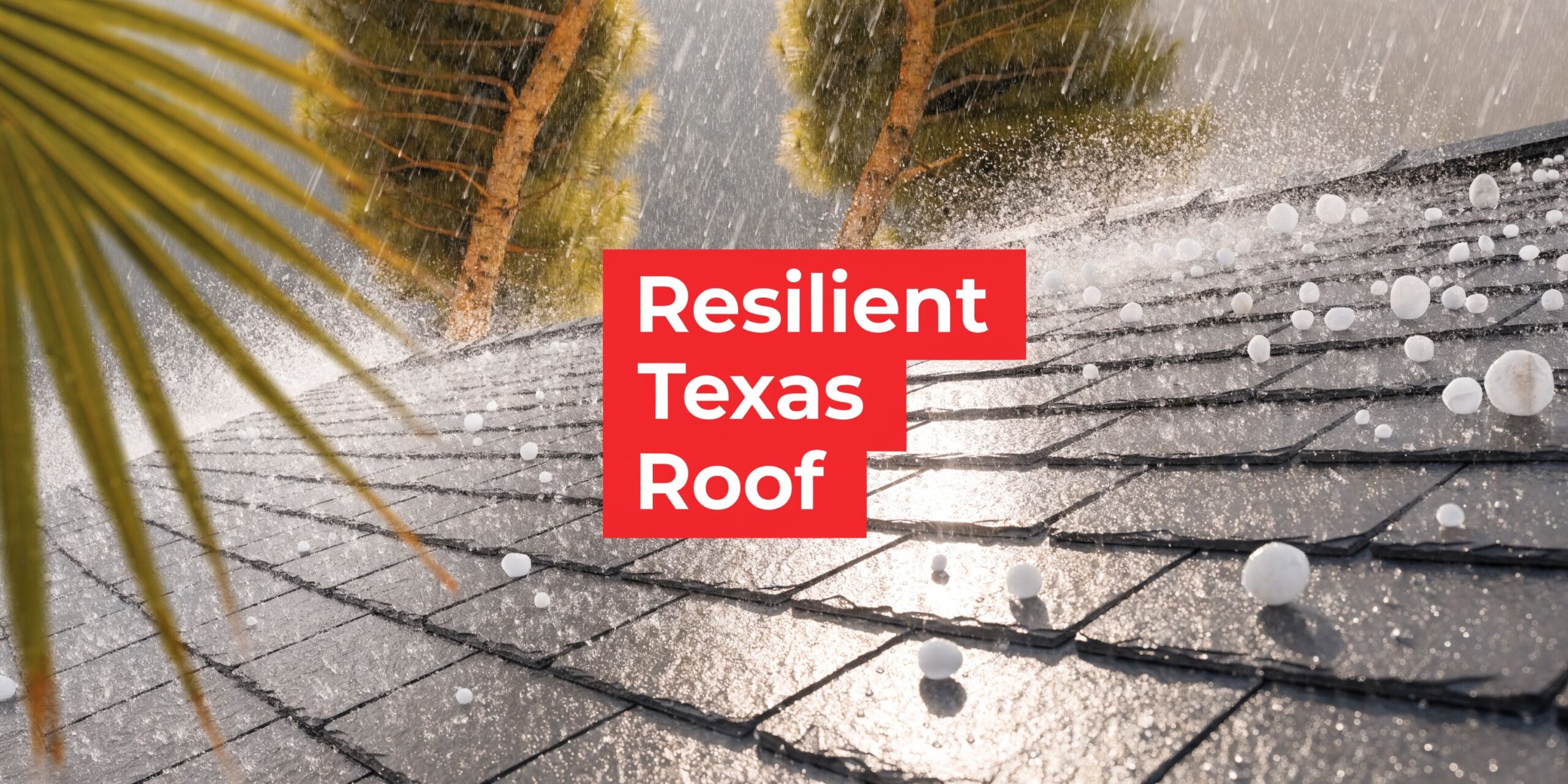 Hail falling on dark faux slate roofing tiles during a storm with trees in the background.