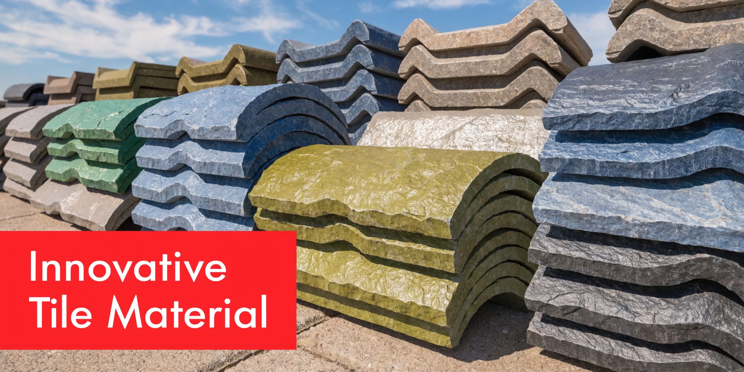 Multiple stacks of multi-colored faux slate roofing tiles arranged outdoors under a blue sky.