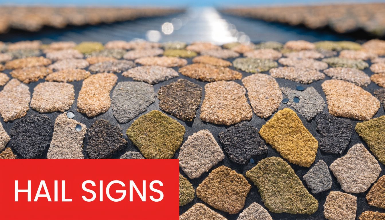 A close-up view of a textured granulated roof surface with a red overlay stating hail signs.