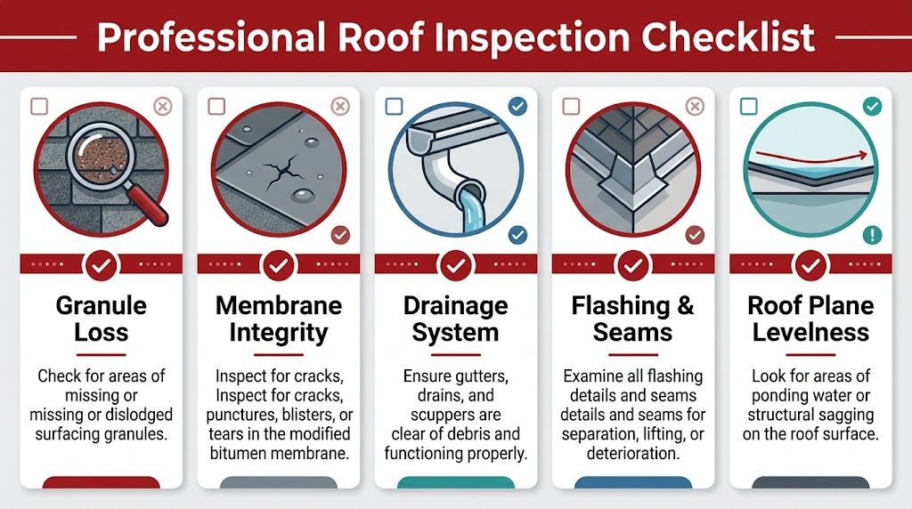 A professional roof inspection checklist infographic showing five key areas to check for roof maintenance and damage.