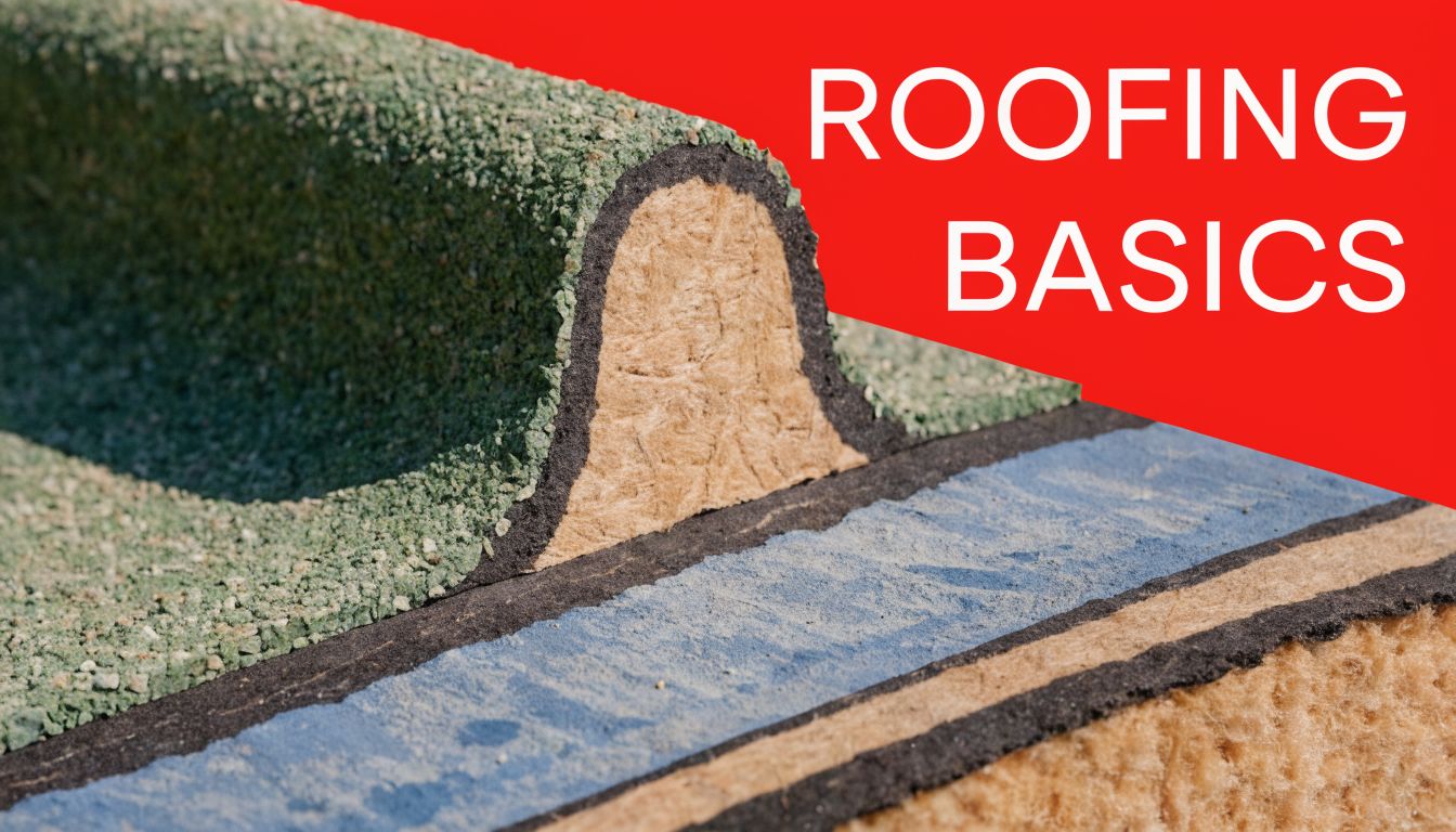 Cross section showing the multi-layered structure of a modified bitumen roofing system with insulation components.