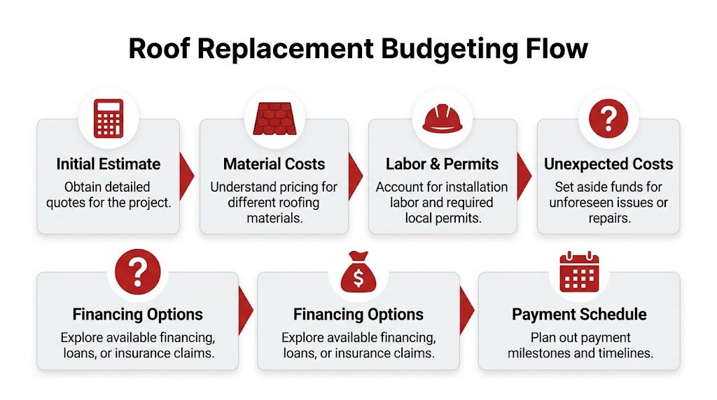 A flow chart illustrating the step by step process for planning and budgeting a roof replacement project.