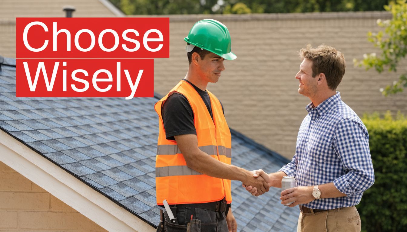 A construction worker in a hard hat shakes hands with a homeowner near a residential roof.