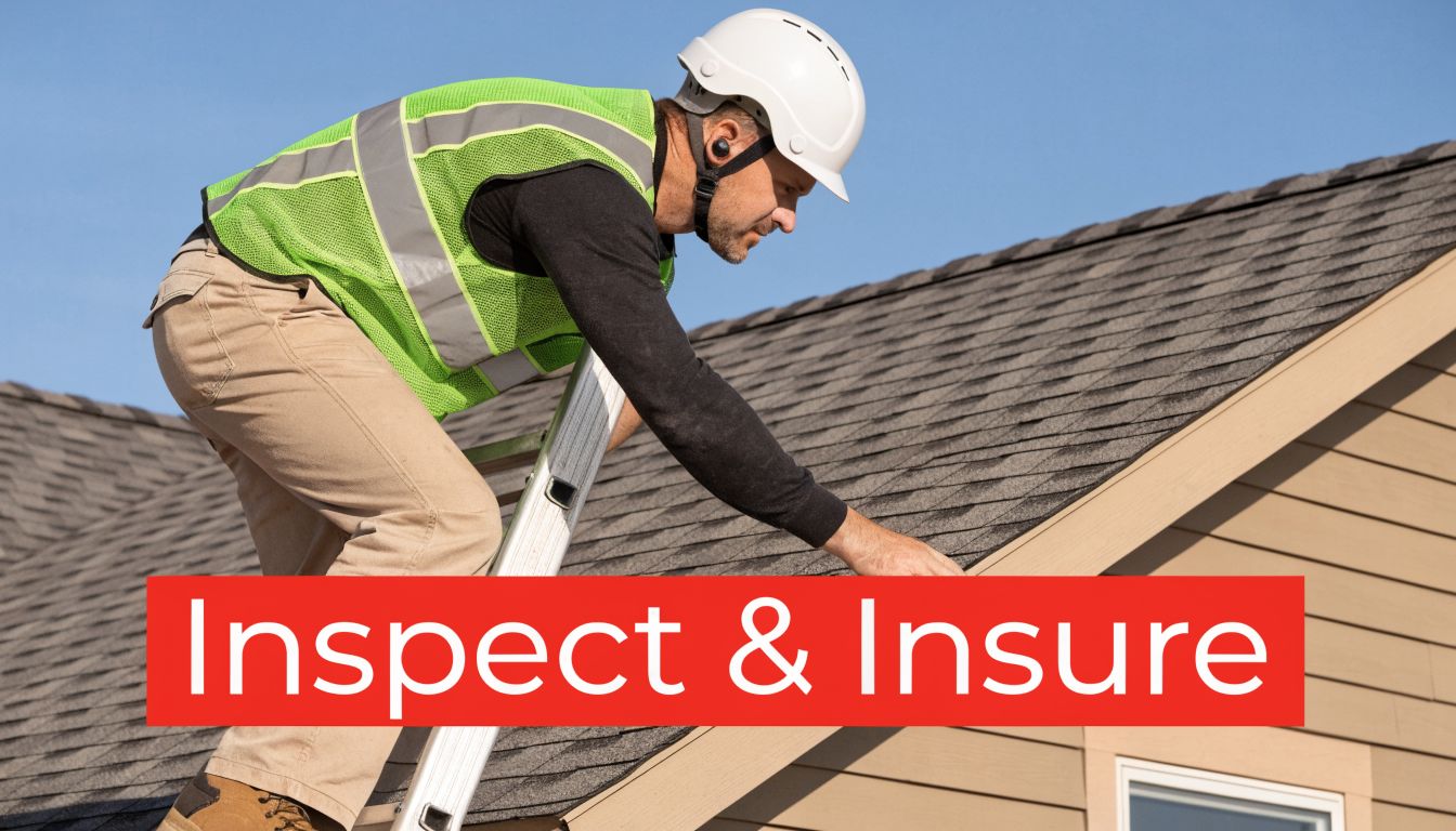 A professional construction inspector in a high-visibility vest examining a shingled roof while on a ladder.