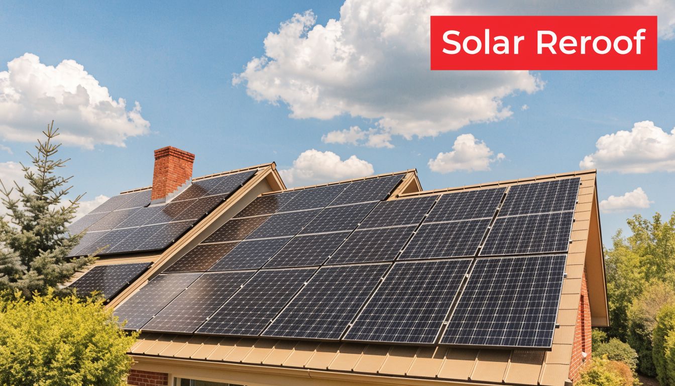 A house roof covered with modern solar panels against a blue sky with white clouds.