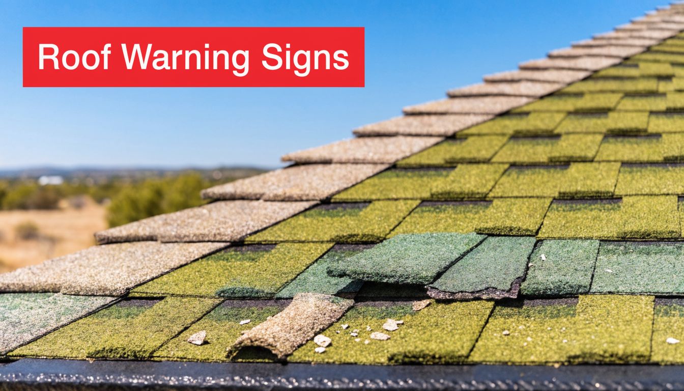 A damaged green shingled roof showing curling and missing pieces indicating a need for professional repairs.
