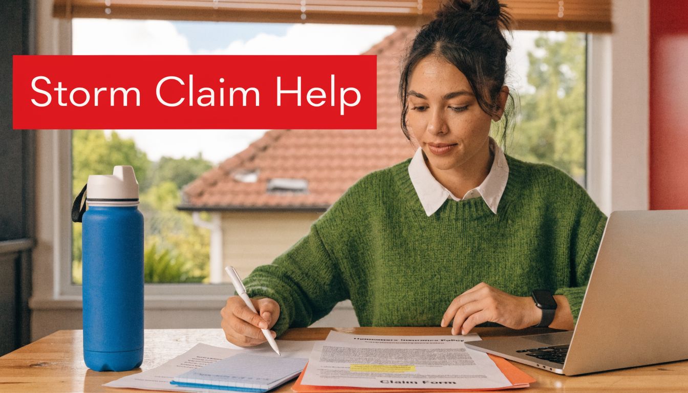 A woman in a green sweater fills out insurance claim forms at a desk with a laptop.