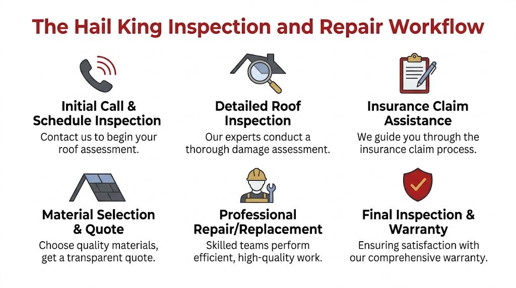 A six-step infographic illustrating the professional roof inspection and repair process offered by Hail King.