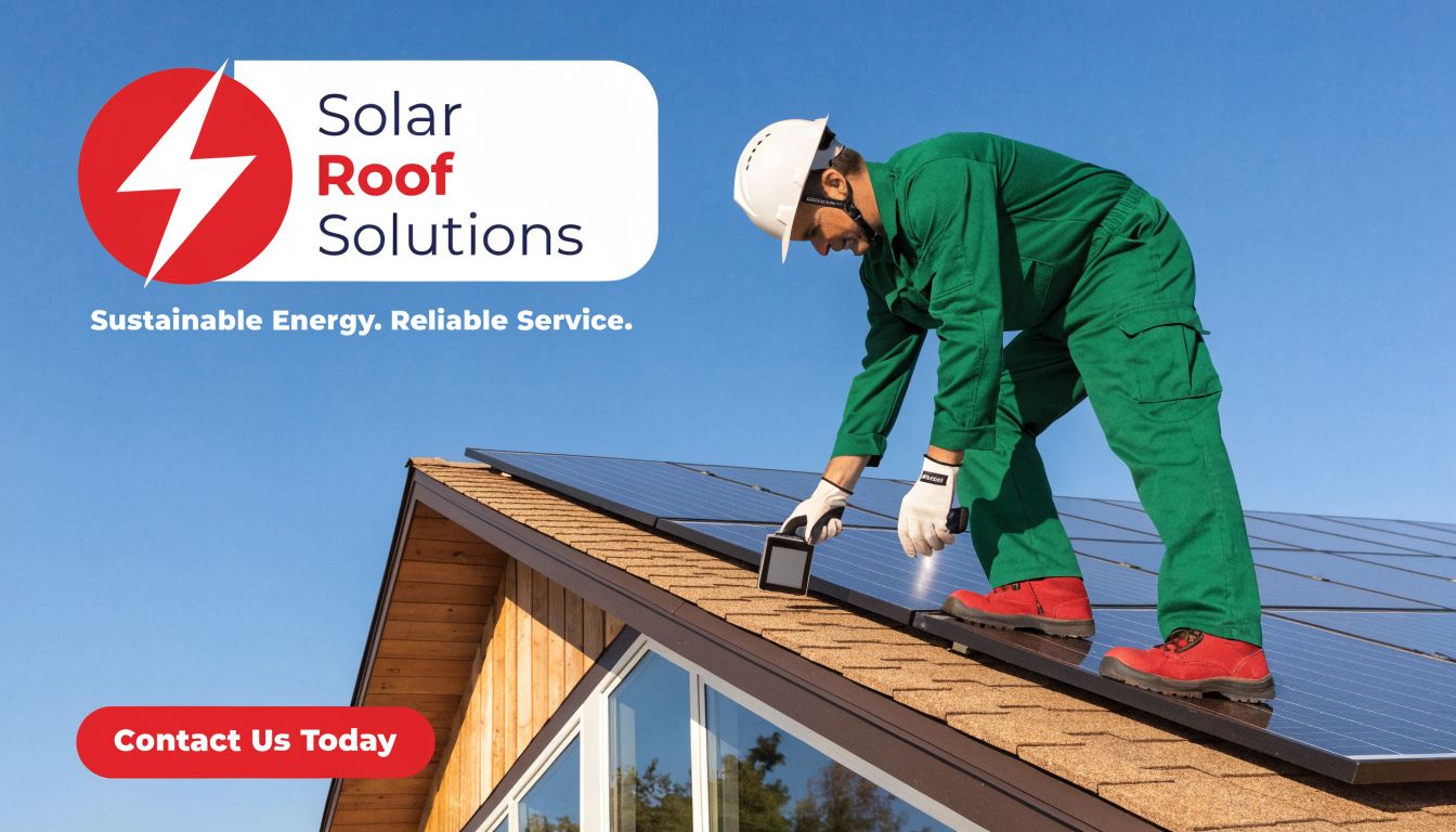 A solar technician in green workwear and a white hard hat installs solar panels on a house roof.