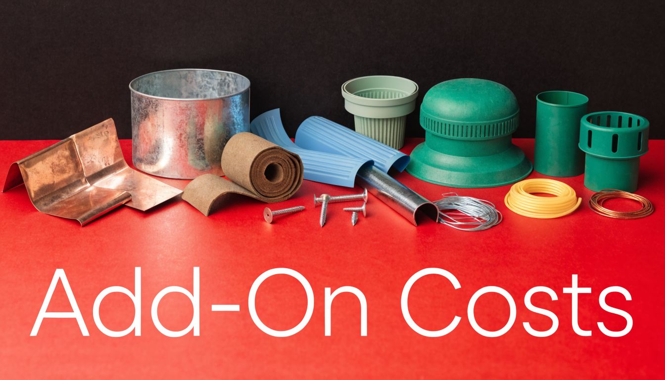 A collection of various construction materials, including metal, screws, and piping, arranged for residential roof replacement projects.