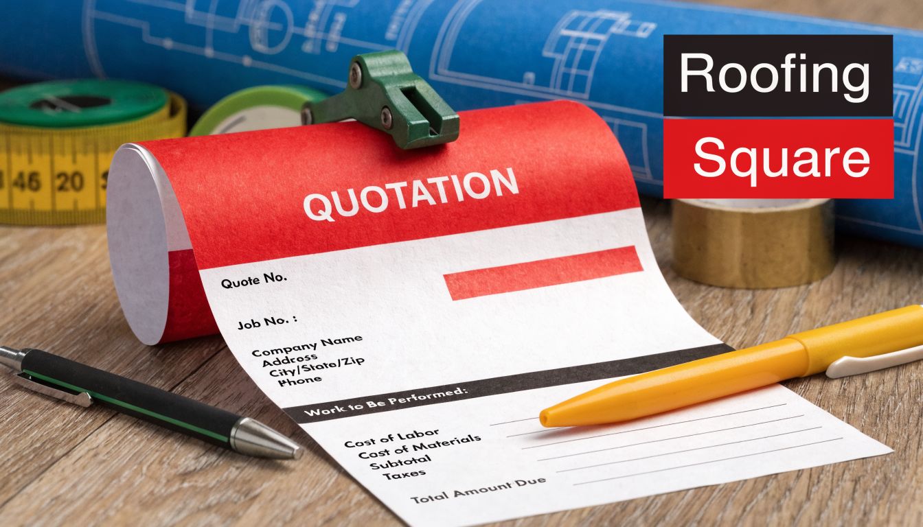 A blank roofing quotation document on a wooden desk with construction plans and stationery items.