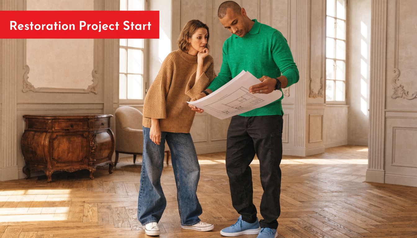 A couple standing in an empty room looking at architectural blueprints for a home restoration project.