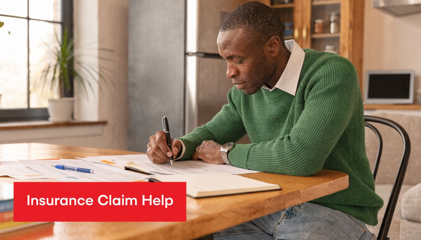 A man sitting at a wooden table filling out insurance claim paperwork in a well-lit room.