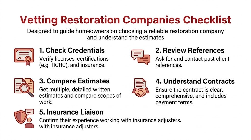 A checklist for homeowners detailing five essential steps to vet and hire reliable professional restoration companies.