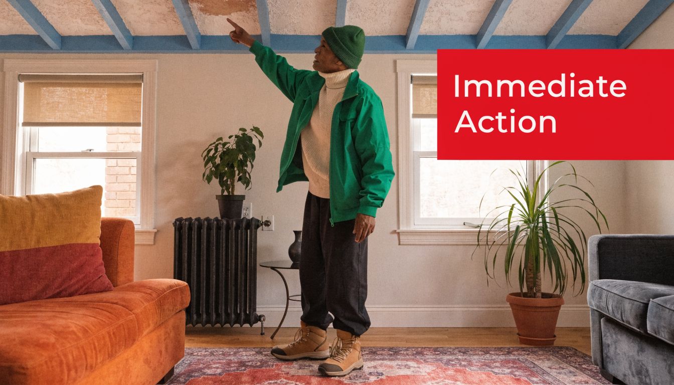A person in a green jacket pointing at a water stain on the ceiling in their home.