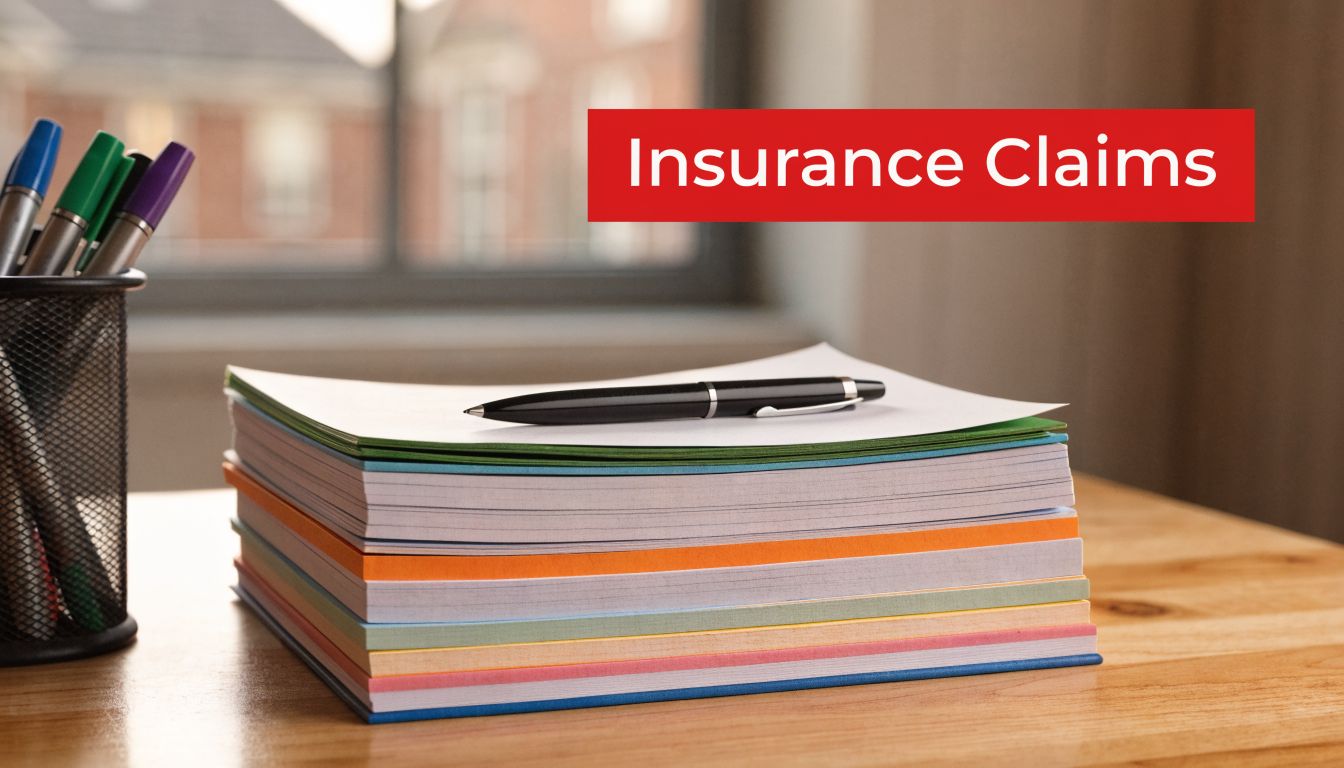 A stack of colorful paper and a black pen on a wooden desk with insurance claims text.