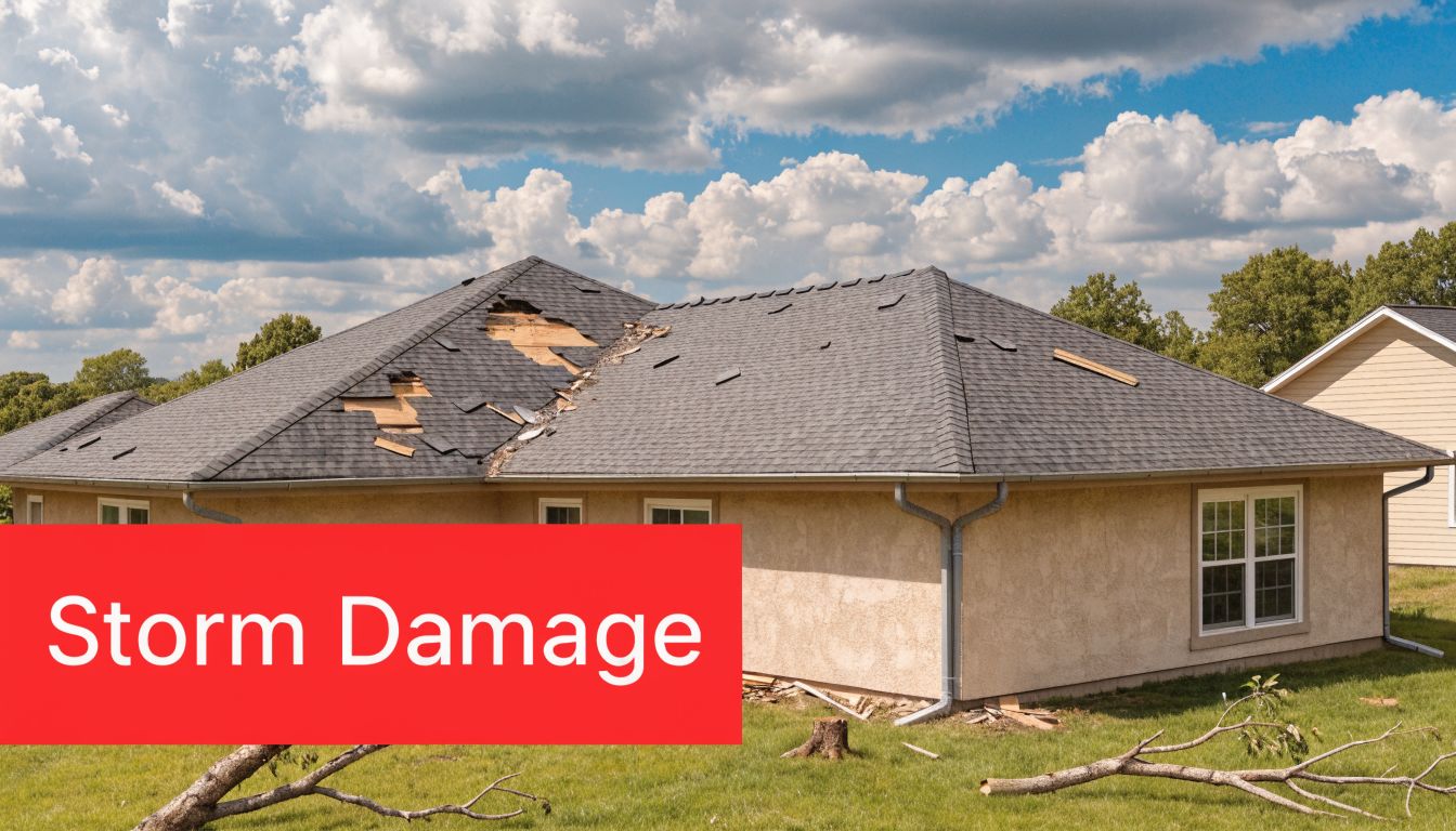 A house roof damaged by a severe storm, showing missing shingles and exposed wooden roof decking.